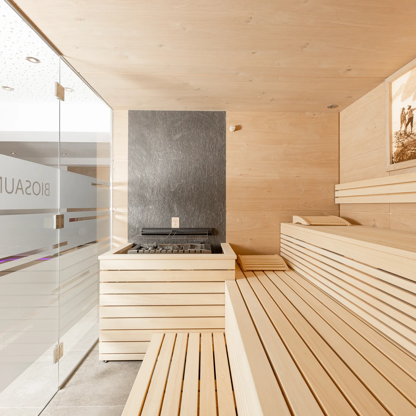 Der Alphof | Ihr Hotel in Fulpmes Helle Holzsauna mit Sitzbänken, Glaswand und Bergbild