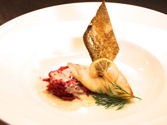 Romance in the mountains Plated fish with red side, lemon slice, dill, and crispy garnish